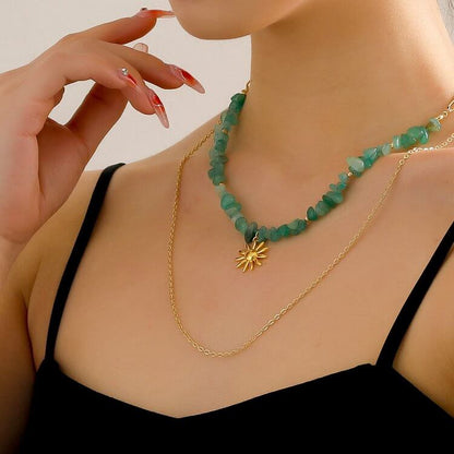 Natural Amazonite Sun Pendant Double Layer Necklace