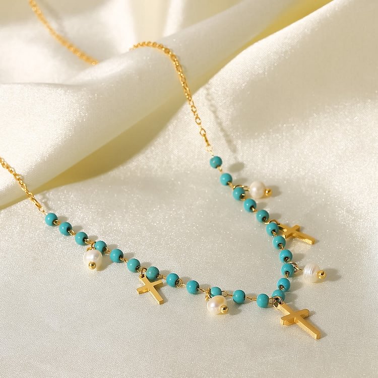 Turquoise Pearl Cross Pendant Tassel Necklace