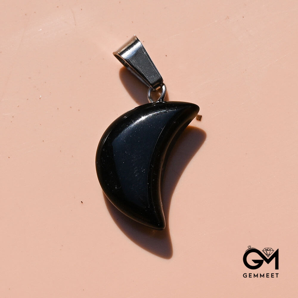 Obsidian Stone Crystal Agate Crescent Moon Pendant