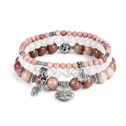 Rhodochrosite Lotus Symbol 3 - Piece Bracelet