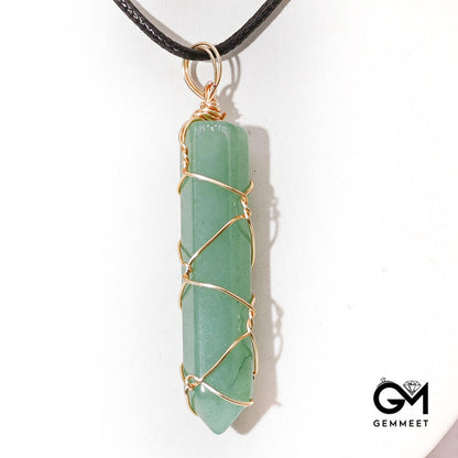 Green Aventurine Hexagon Column Wrapped Pendant Necklace