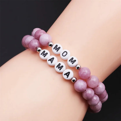 Engraving Mom Mama Natural Stone Beaded Bracelet