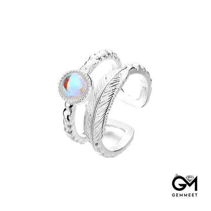 Double Opening Feather Irregular Moonstone Ring