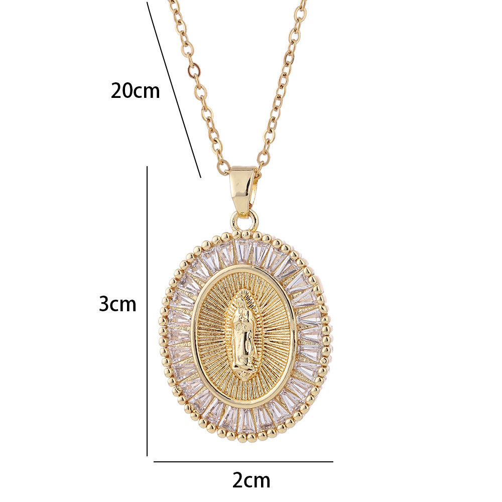 Fashion Retro Palace Light Luxury Oval Madonna Personality Temperament Micro Inset Zircon Pendant