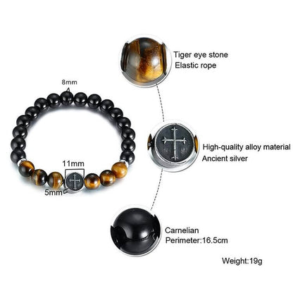 8mm Natural Tiger Eye Beaded Men Cross Bracelet