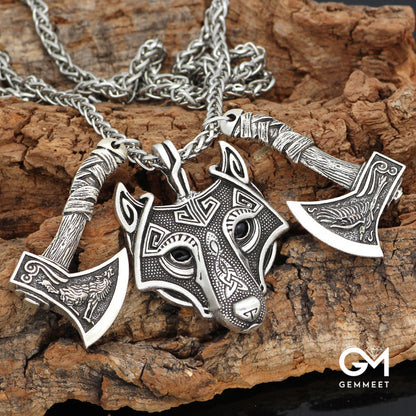 Viking Crow Wolf Head Axe Pendant Necklace