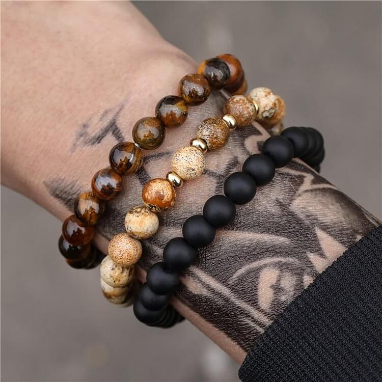 3Pcs Picture Jasper Tiger Eye Black Onyx Beaded Bracelets