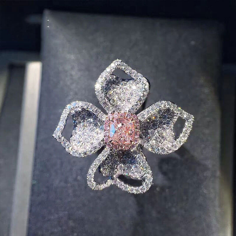 Full-diamond Fashionable and Luxurious Small Fragrance Group Inlaid Pink Diamond Flower Ring