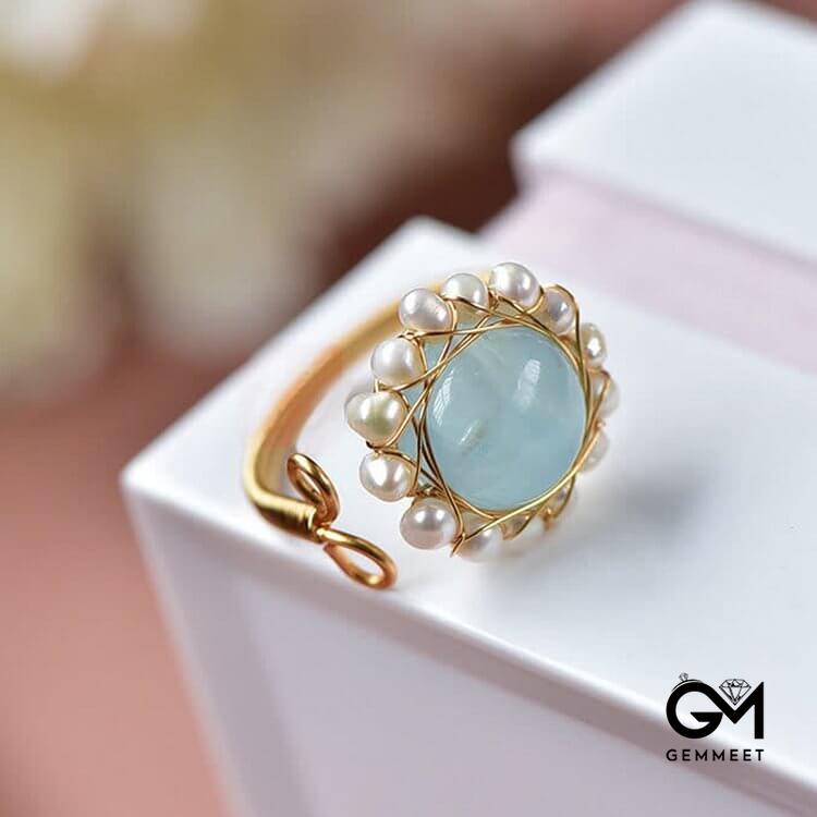 Aquamarine With Pearl Retro Ring