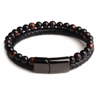 Natural Tiger Eye Leather Rope Double Layer Bracelet