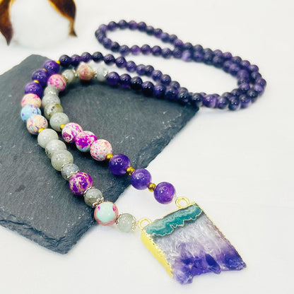 Rainbow Fluorite Labradorite Amethyst Emperor Mala Beaded Necklace