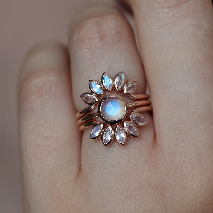 “Tide Goddess” - Sun Flower Moonstone 3 - Piece Ring