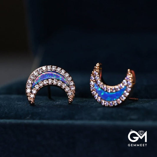 Blue Opal Zircon Moon Shape Earrings