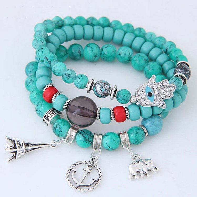 Elephant Tower Evil Eye Hamsa Bracelet Set