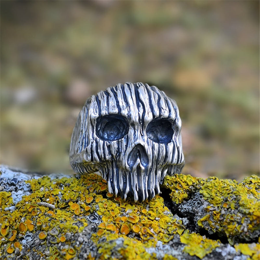 Cool Silver Striped Skull Ring