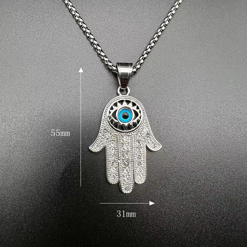 Hiphop Gold Plated Zircon Blue Eyes Hand of Fatima Pendant