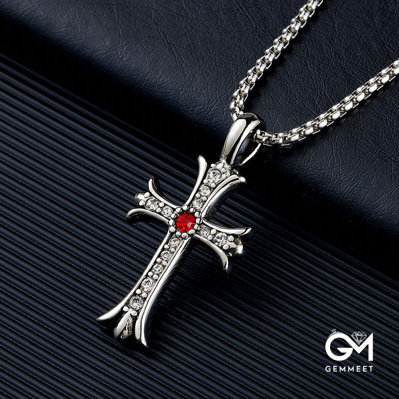 Stainless Steel Cross Pendant Red Zircon Necklace