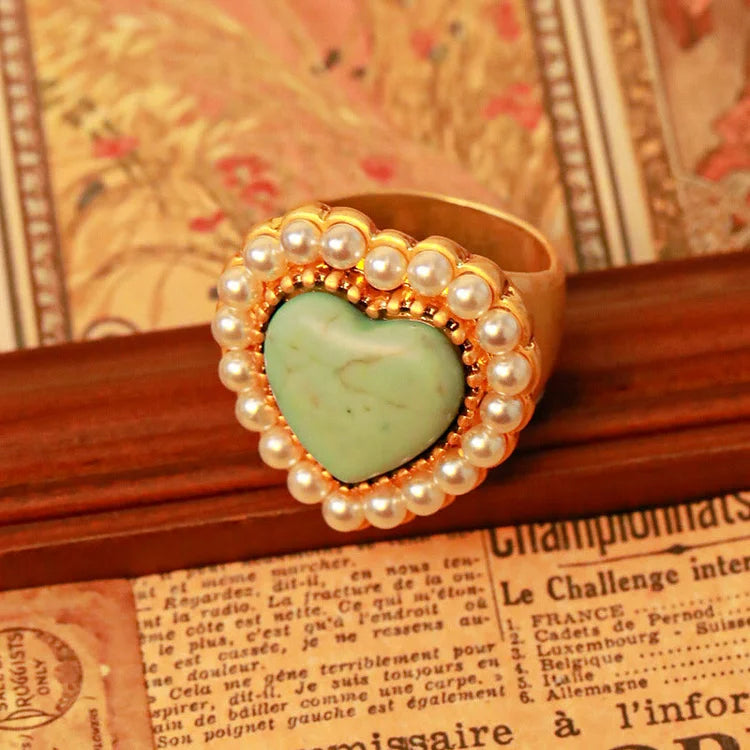 Turquoise Pearl Heart Shape Adjustable Ring