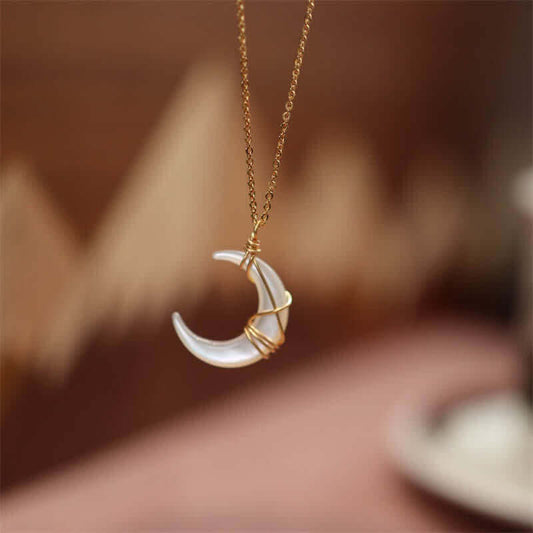 Natural Tridacna Stone Crescent Moon Blessing Necklace Pendant