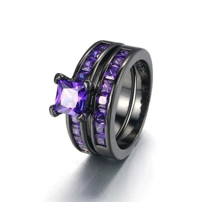 Black Gold Double Layer Purple Stones Love Couple Rings