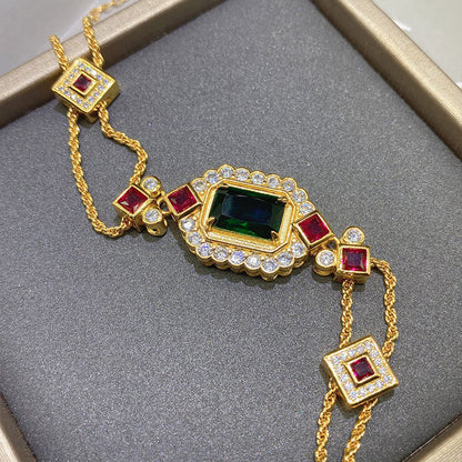 Inlaid Imitation Emerald Bracelet Double Chopin Chain Gold-plated Pigeon Blood Imitation Ruby Emerald Bracelet