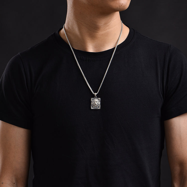 Sterling Silver Square Male Lion Pendants Necklace