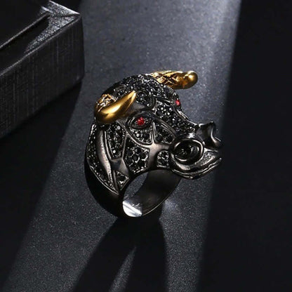 Men's White Cubic Zirconia Black Bull Head Ring