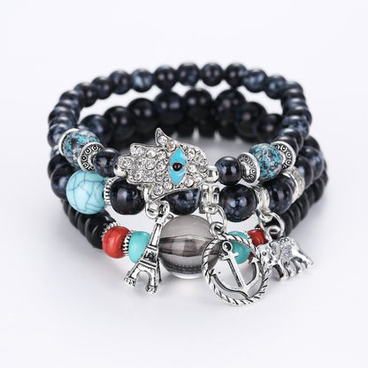 Elephant Tower Evil Eye Hamsa Bracelet Set