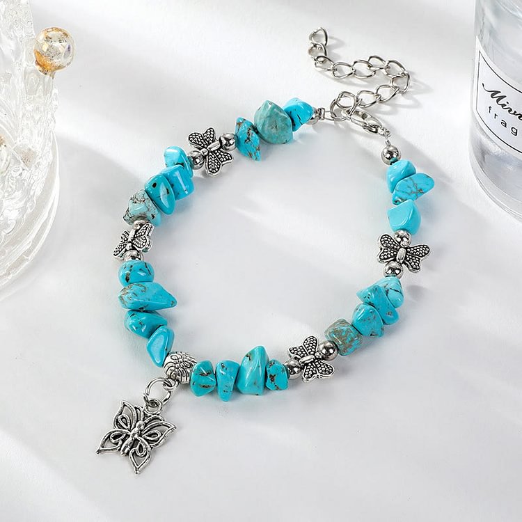 Colorful Crystal Rubble Butterfly Charm Bracelet