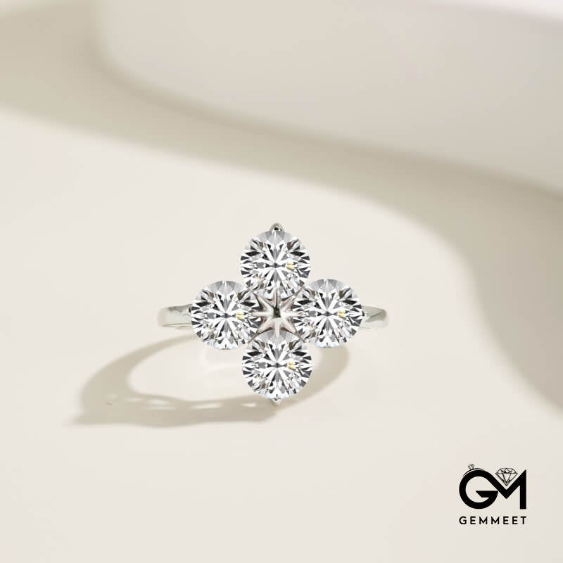 S925 White Zircon Four-leaf Clover Octet Star Ring