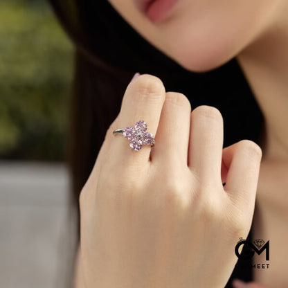 S925 Pink Zircon Four-leaf Clover Octet Star Ring