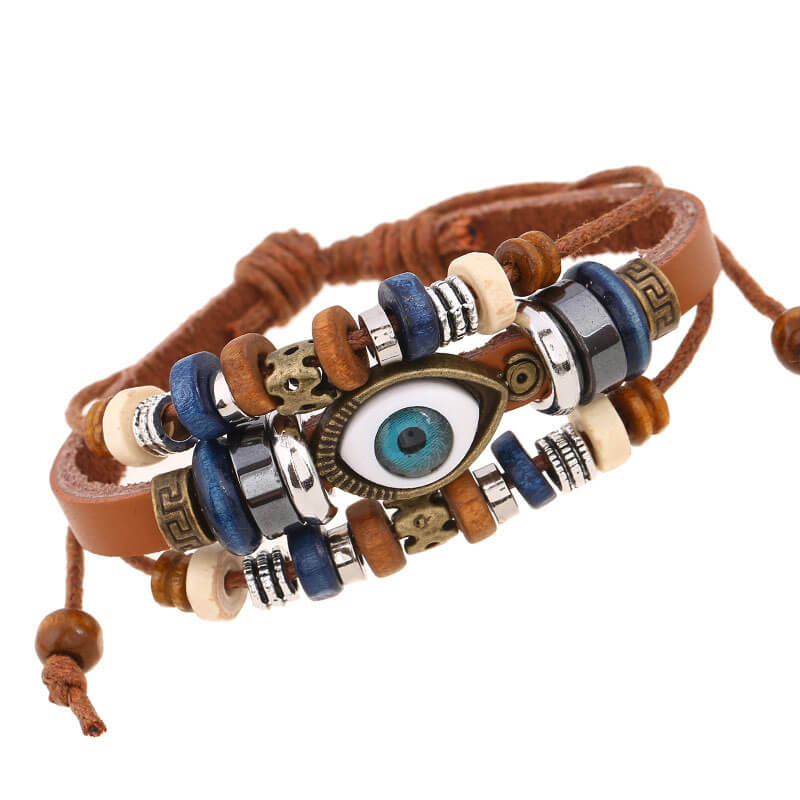 New Beaded Eyes Leather Bracelet Pull Adjustment Couple Leather Bracelet