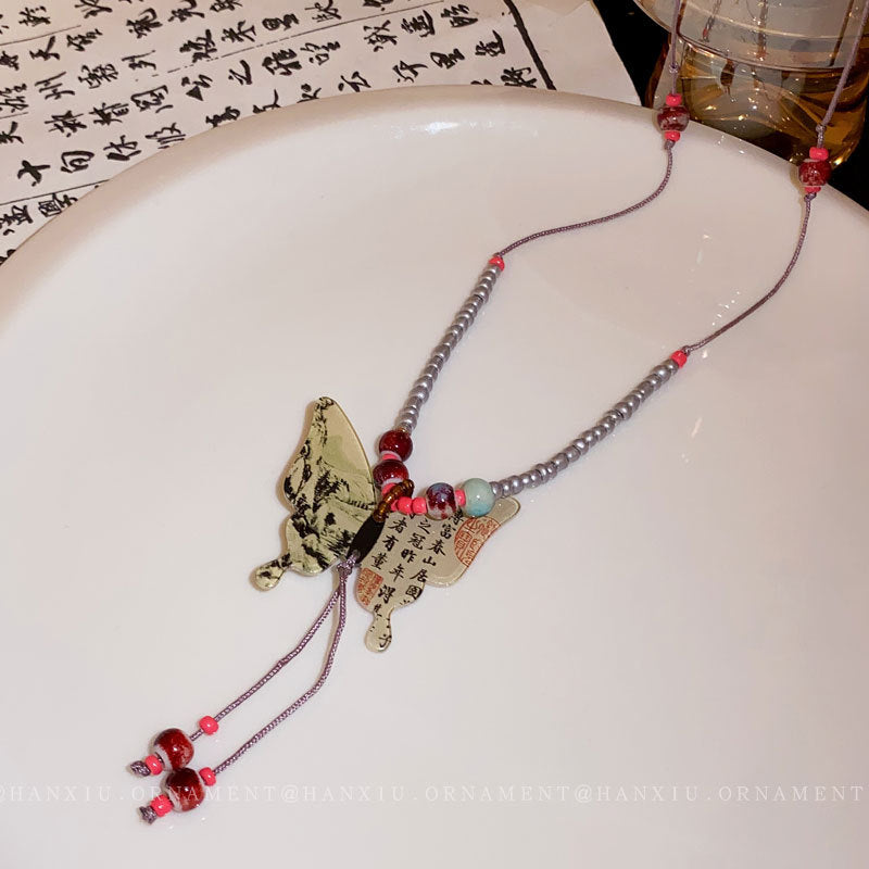 Woven Rope Butterfly Ceramic Necklace