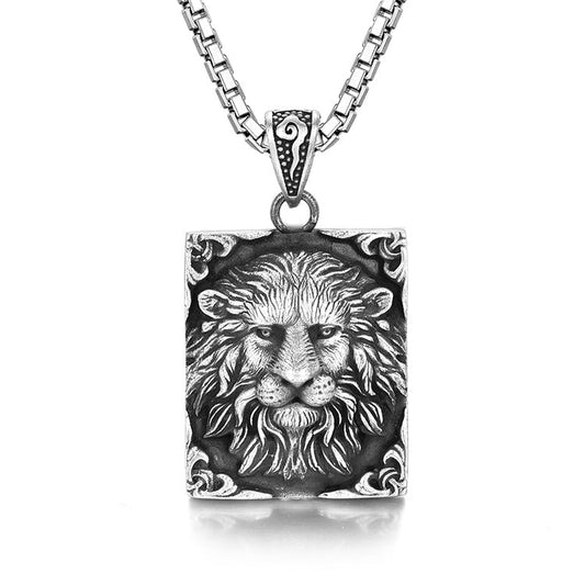 Sterling Silver Square Male Lion Pendants Necklace