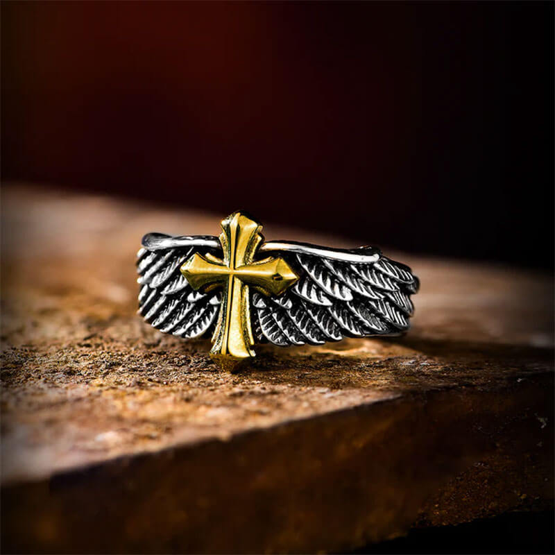 Vintage Men's Angel Feathered wings Cross Rings