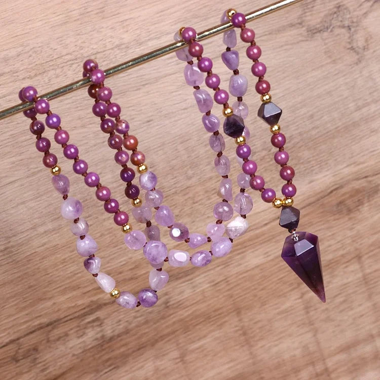 Natural Amethyst Purple Jade Beaded Mala Necklace