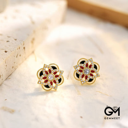 S925 Sterling Silver Four-leaf Clover Flowers Red Black Earrings