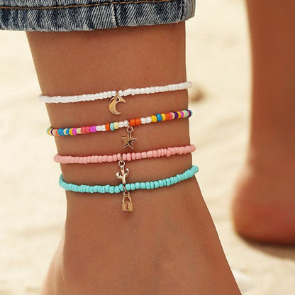 Moon & Star Bohemia 4 PCS Colorful Anklet Set