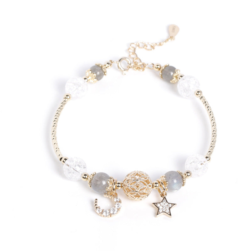 White Exploded Crystal Moonstone Star and Moon Bracelet