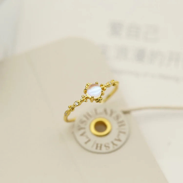 Yellow Gold Dainty Moonstone Minimalist Thin Ring