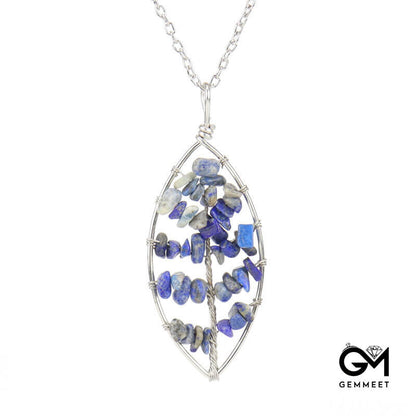 Wrapped Silver Tree of Life Crystal Leaf Necklace