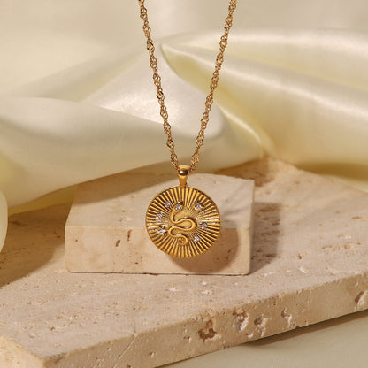 Golden Radial Texture Snake Totem Pendant Necklace