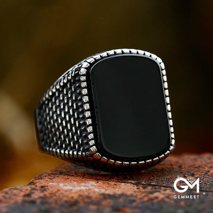 Vintage Titanium Steel Black Stone Ring