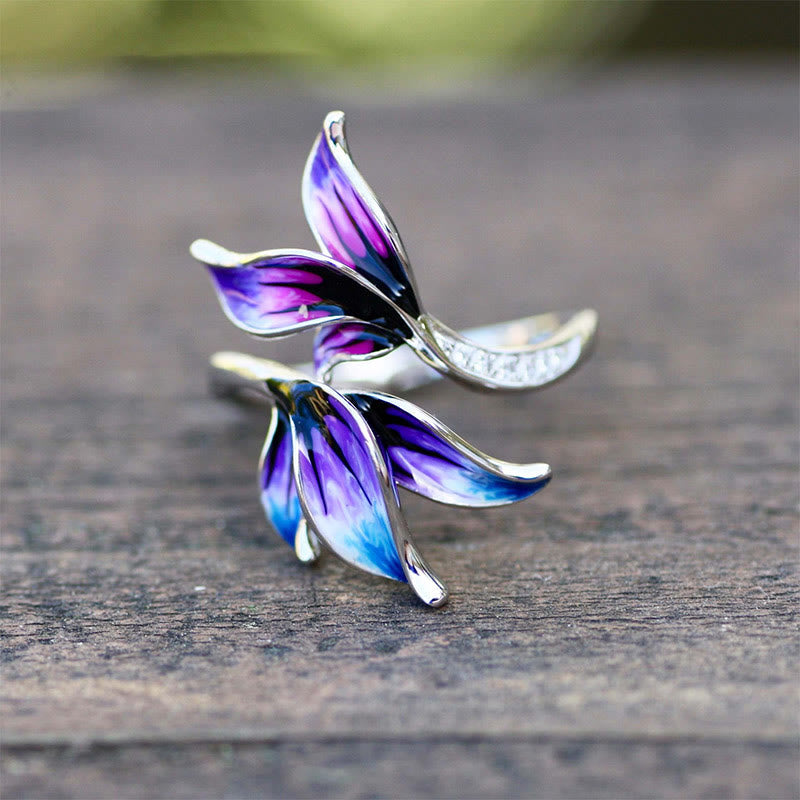 Blue Pink Feather Leaves Ring