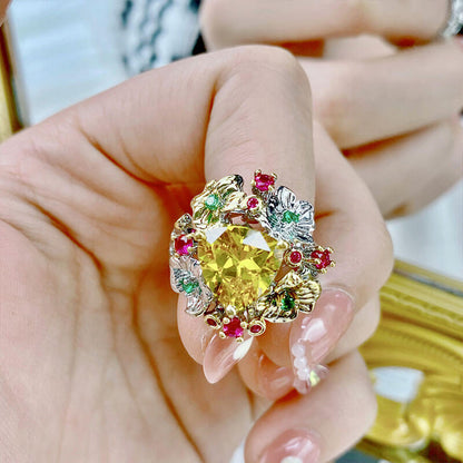 Palace Wind Craftsmanship Bright High-end Open Ring Imitation Natural Citrine Colored Gemstone Ring