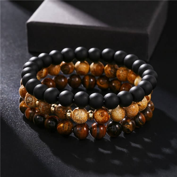 3Pcs Picture Jasper Tiger Eye Black Onyx Beaded Bracelets