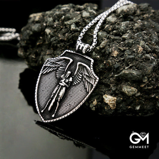 Stainless Steel Angel Cross Shield Necklace