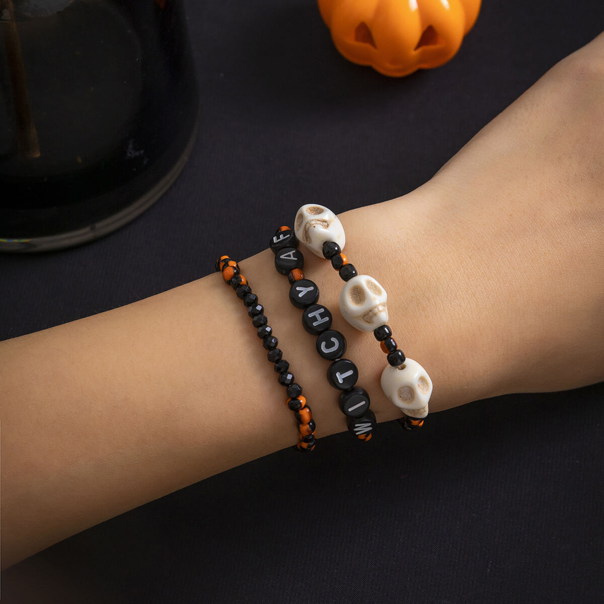 Halloween Spooky Woven Bracelet Sweet Cool Vintage Skull Beaded Alphabet Bracelet