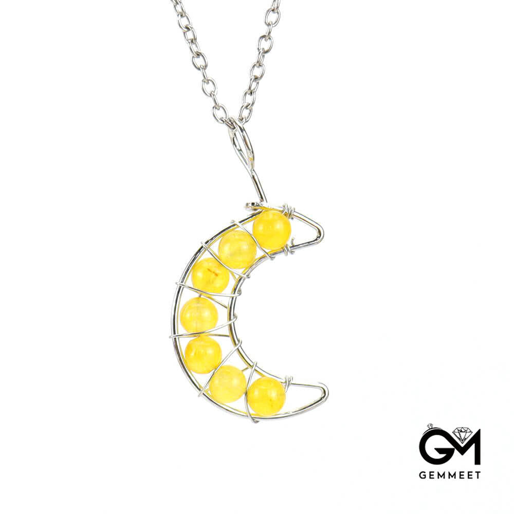 Crystal Beads Around Silk Moon Pendant Necklace