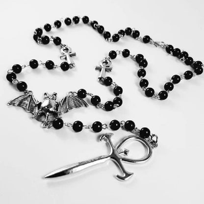 "Mysterious Vampire" Bat Rosary Cross Necklace